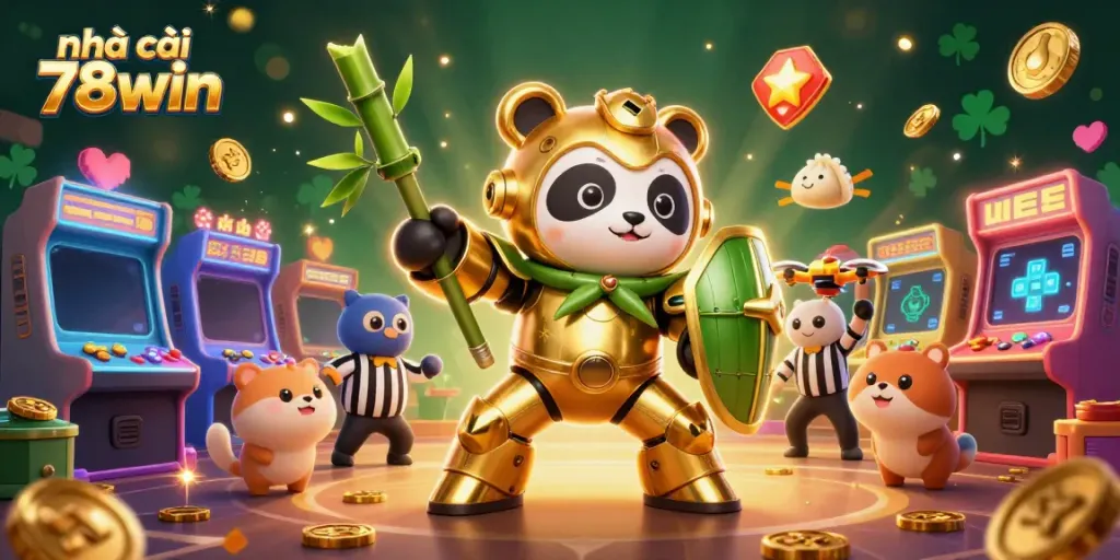Experience the excitement of nhà cái 78win with a 3D mech-suit panda battling in a vibrant casino arena.
