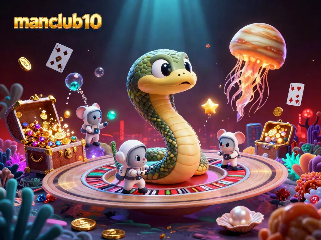 Experience thrilling bets with manclub10 at a cosmic casino featuring vibrant 3D characters and dynamic elements.