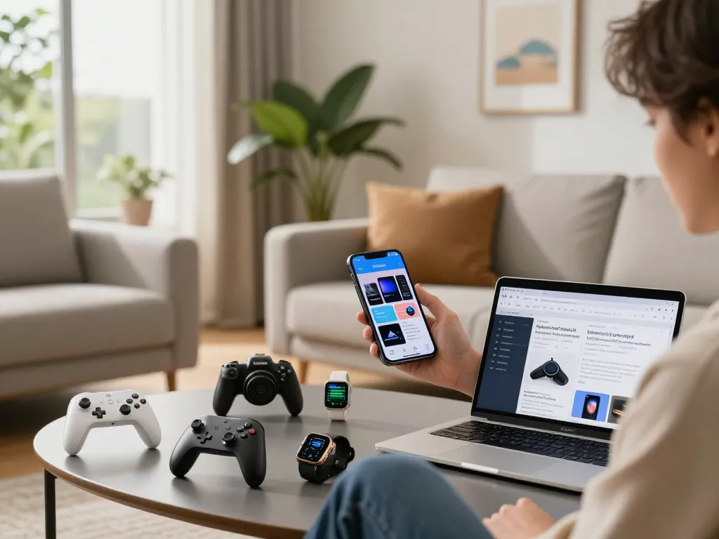 Exploring smart tech gadgets with Bluetooth controllers and smartwatches in a cozy living room.