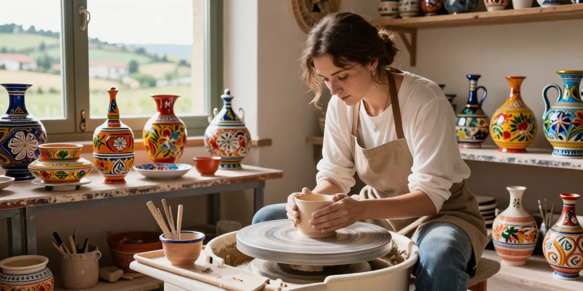 Artisan crafting Deruta pottery in a sunlit workshop, showcasing intricate designs and vibrant colors.