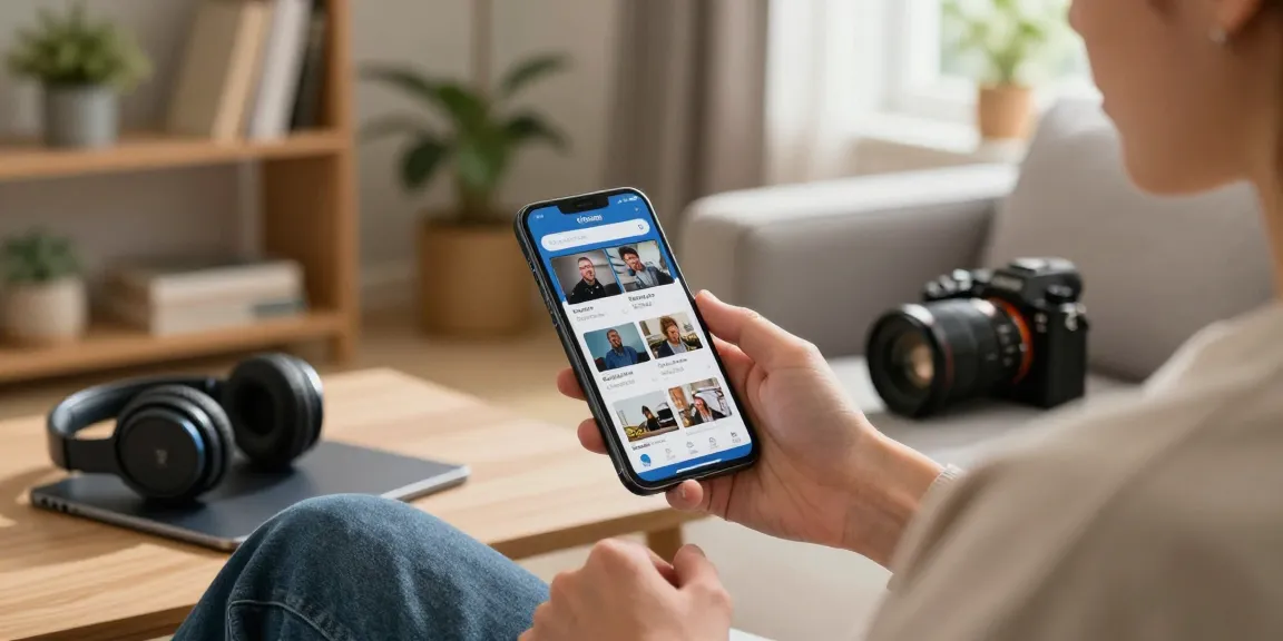 Vidmate app interface shown on smartphone while user explores video download features in a cozy living room setting.