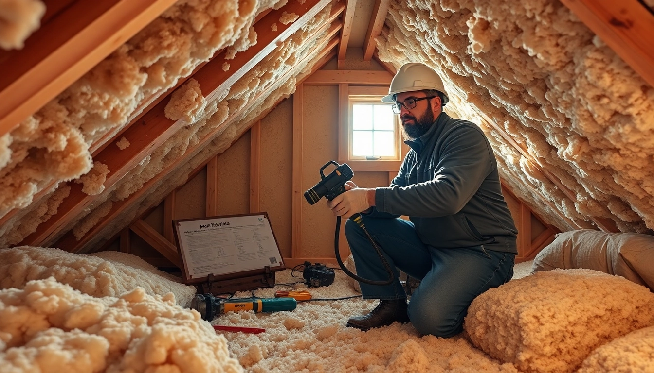 Loft spray foam removal process showcasing a contractor working in an attic.