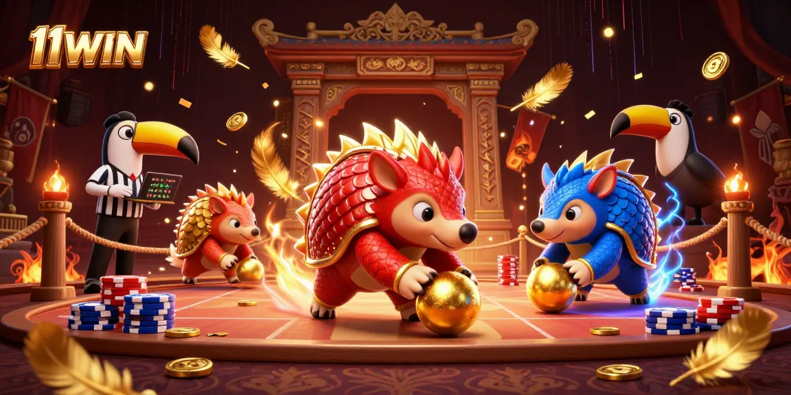 Engaging gameplay scene with 11WIN pangolins bowling through poker chips in a vibrant casino