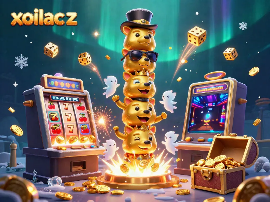 Xoilac z showcases dynamic casino fun with a totem pole and vibrant gaming elements in this rich illustration.