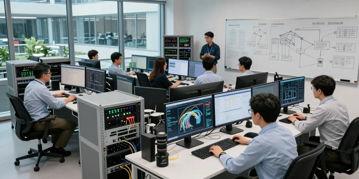 Technicians analyzing fiber optic network metrics in a high-tech operations center
