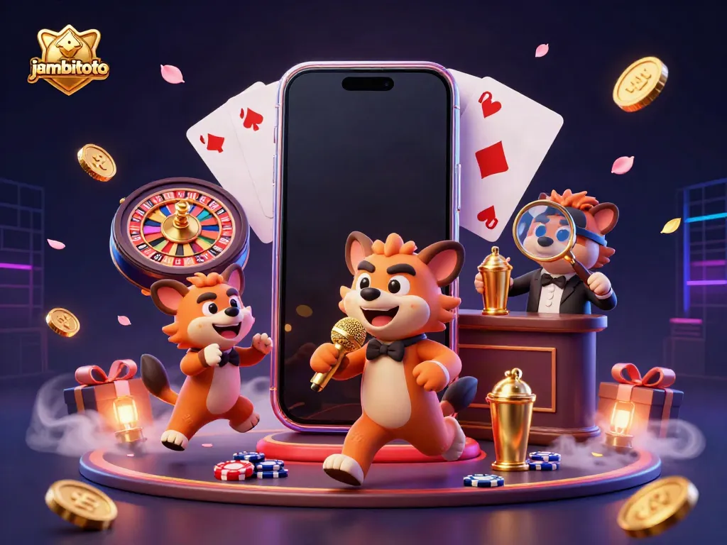 Hyenas in a comedic casino, illustrating jambitoto's vibrant gaming atmosphere with slot and card games.