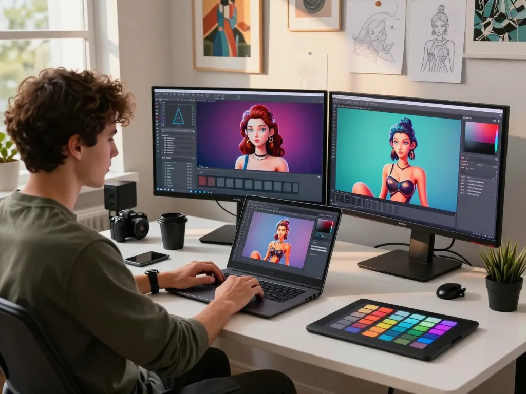 Creative professional using AI technology in a vibrant design studio for sex AI applications.