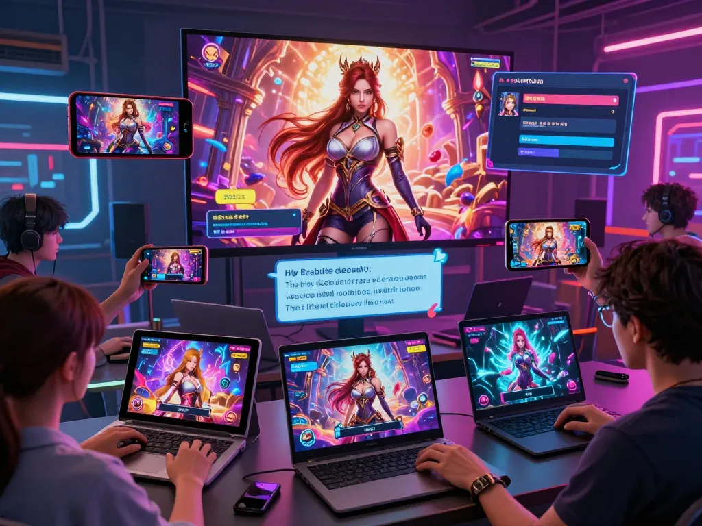 Engaging scene of diverse characters playing interactive porn games html on various devices in a colorful, vibrant environment.