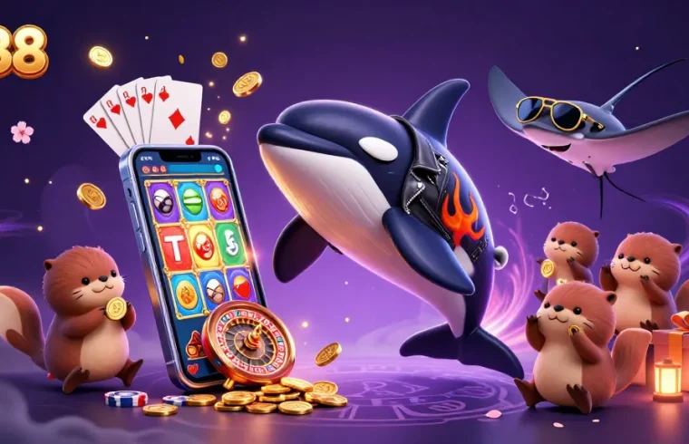 Join the fun at lu88 with vibrant casino games, golden coins, and playful characters in an exciting underwater scene.