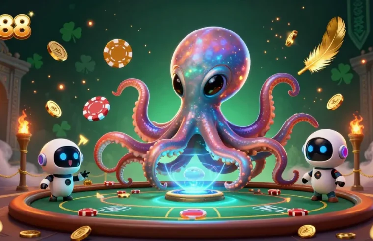 Experience the excitement of TG88 with our 3D alien octopus enjoying a poker game surrounded by dynamic casino elements.