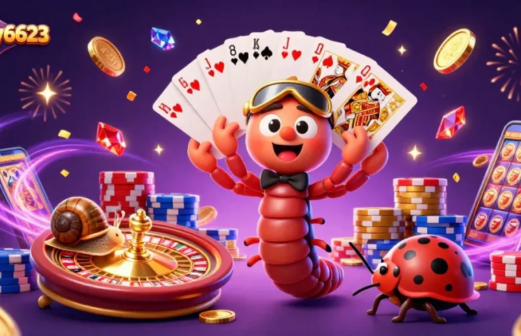 Experience thrilling gaming with galaxy6623 as a millipede dealer showcases fanned cards amidst a vibrant casino celebration.