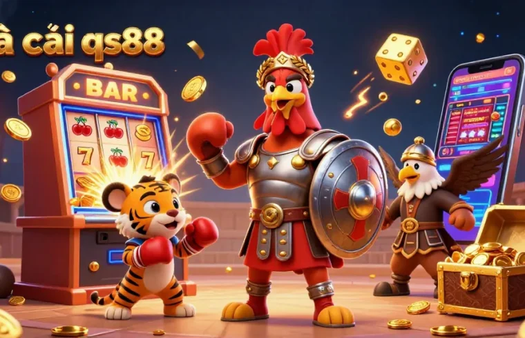 Experience the excitement of nhà cái qs88 with colorful casino elements and vibrant characters in a dynamic scene.