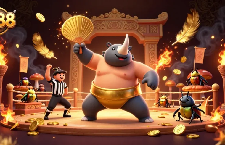 Experience gk88's vibrant casino scene with a sumo beetle champion amidst golden coins and dynamic excitement.