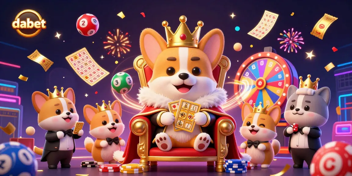 dabet launches a colorful lottery celebration with corgis, vibrant balls, and a glittering prize wheel.