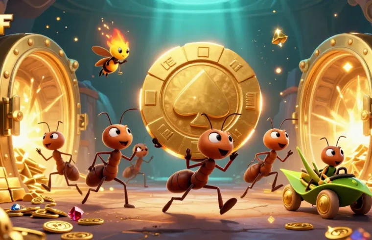 Experience the thrilling heist of 789F with ants carrying a golden poker chip in a vibrant cartoon scene.