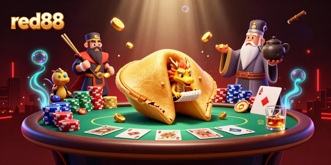 Engage with red88's vibrant gambling scene featuring a golden fortune cookie and poker elements.