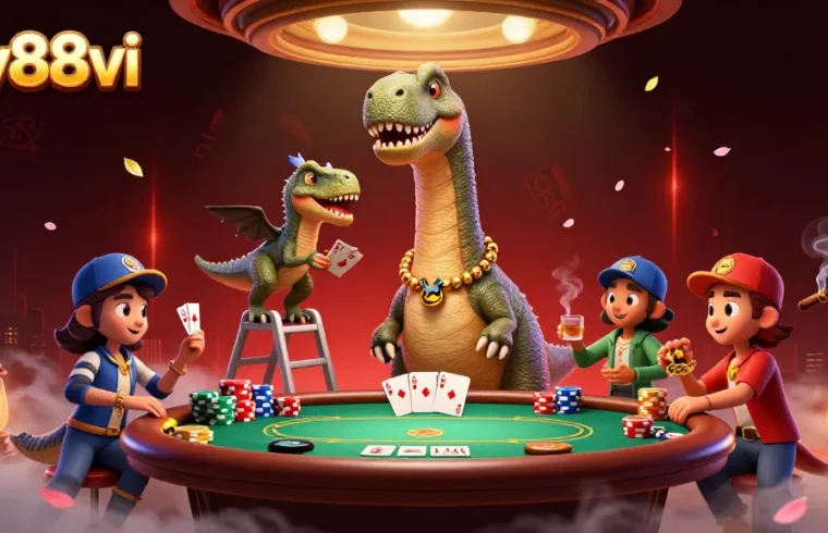 Deal cards to the brontosaurus in the sky88vi casino scene filled with poker excitement.