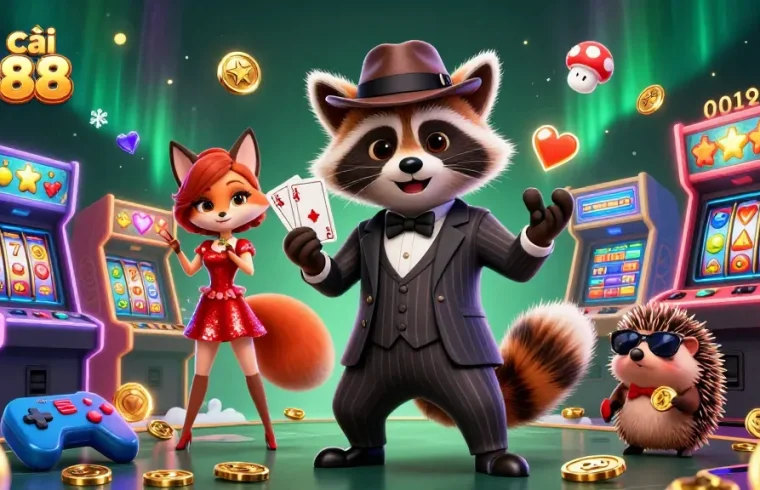 Experience thrilling gameplay at Nhà cái xo88 with vibrant casino scenes featuring raccoon, fox, and hedgehog characters.