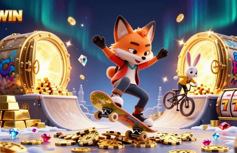Experience thrilling casino excitement with OKWIN's dynamic 3D illustration of a skateboarder fox and BMX rabbit amidst treasures.