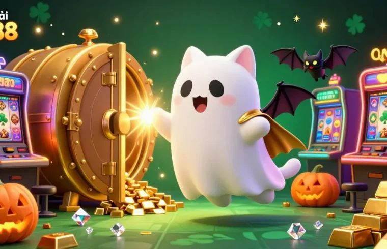 Engage with the colorful world of nhà cái DH88 featuring a ghost cat and treasure vault in a casino.