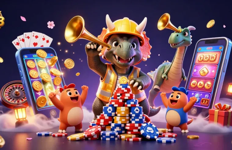 Join EA88 in this energetic 3D scene featuring a triumphant triceratops and celebratory elements, perfect for gaming excitement.