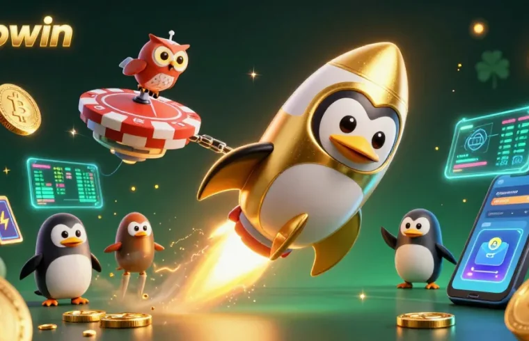 Experience the thrill of tapwin as the golden penguin zooms past crypto elements in a vibrant casino-themed universe.