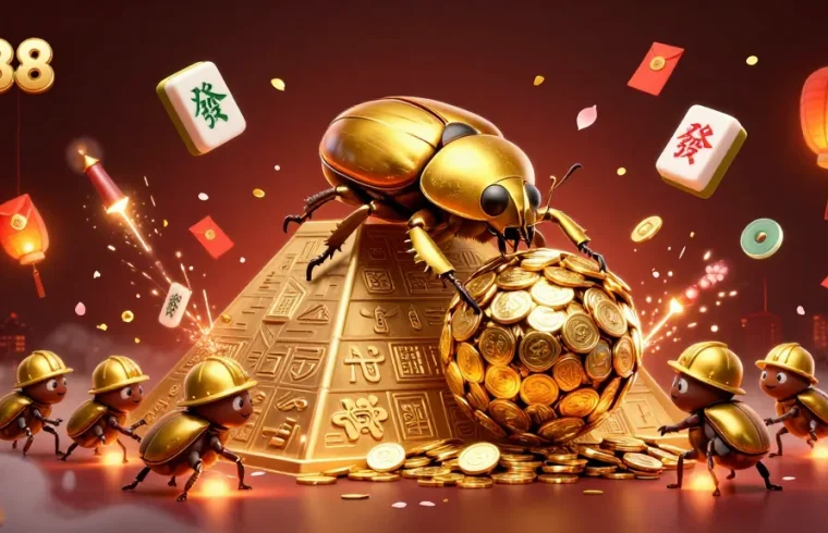 lx88 game scene with golden beetles rolling coins and vibrant casino elements around