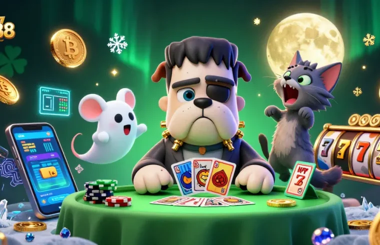 JW88 players engaging in a thrilling card game at a spooky casino table showcasing neon crypto coins and slot elements.