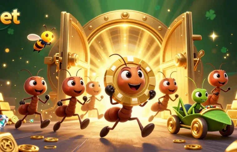 Join zbet's adventurous ants on a heist with golden poker chips in a vibrant casino scene.
