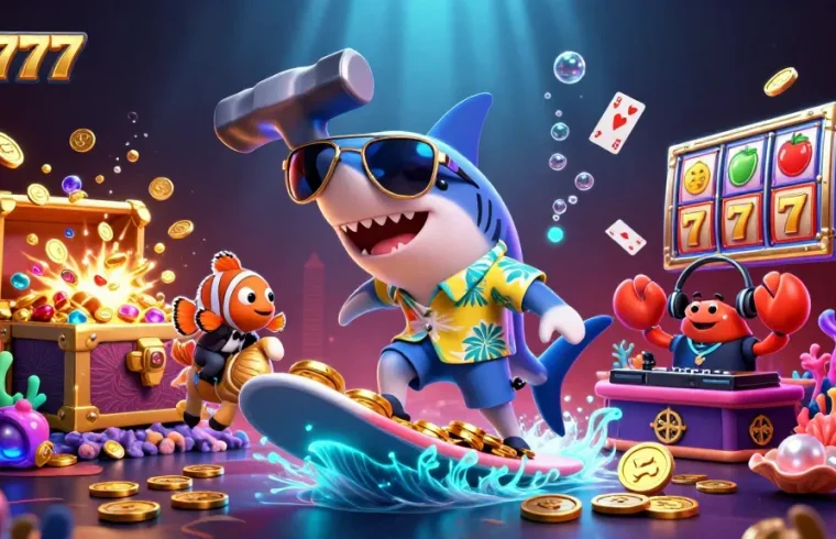 Experience thrilling gaming with sm777's vibrant casino scene featuring an exciting shark surfing on gold coins.