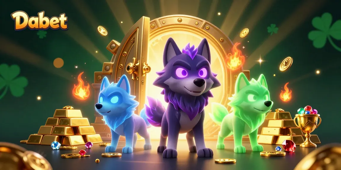 Dabet features a vibrant gaming scene with glowing wolves and treasure, showcasing casino excitement.