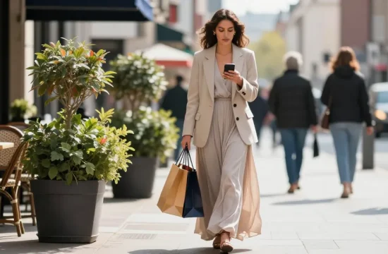 Woman in modest fashion outfit enjoying a day out in the city with shopping bag