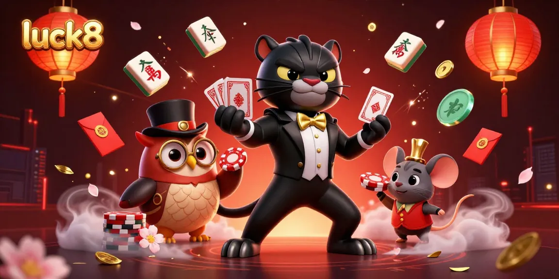 Engage in luck8-themed excitement with a stylish panther, owl, and lucky mouse in a vibrant casino scene.