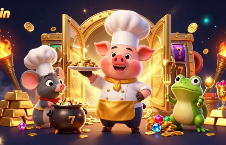 Play and win at phwin with dynamic casino action, featuring a chef pig and gold treasures.