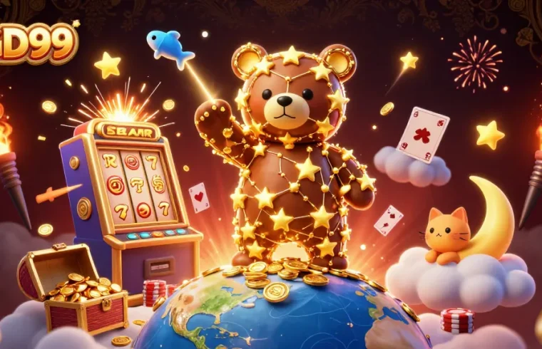 Experience the thrilling action of BGD99 with a 3D casino scene, showcasing a constellation bear, golden coins, and a vibrant slot machine.