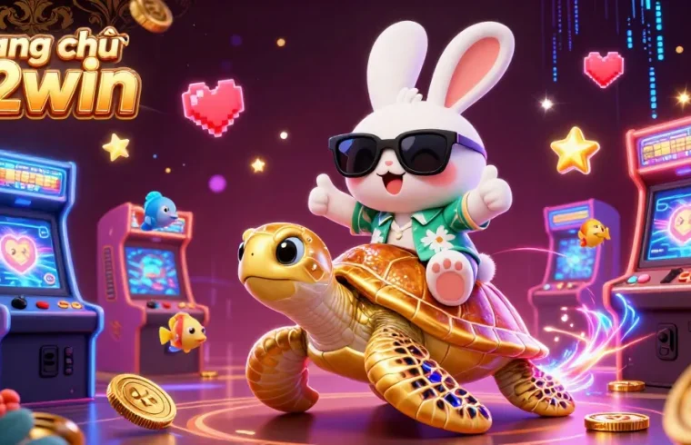 Play exciting games on trang chủ 32win with a lucky rabbit and golden turtle in a vibrant casino scene.