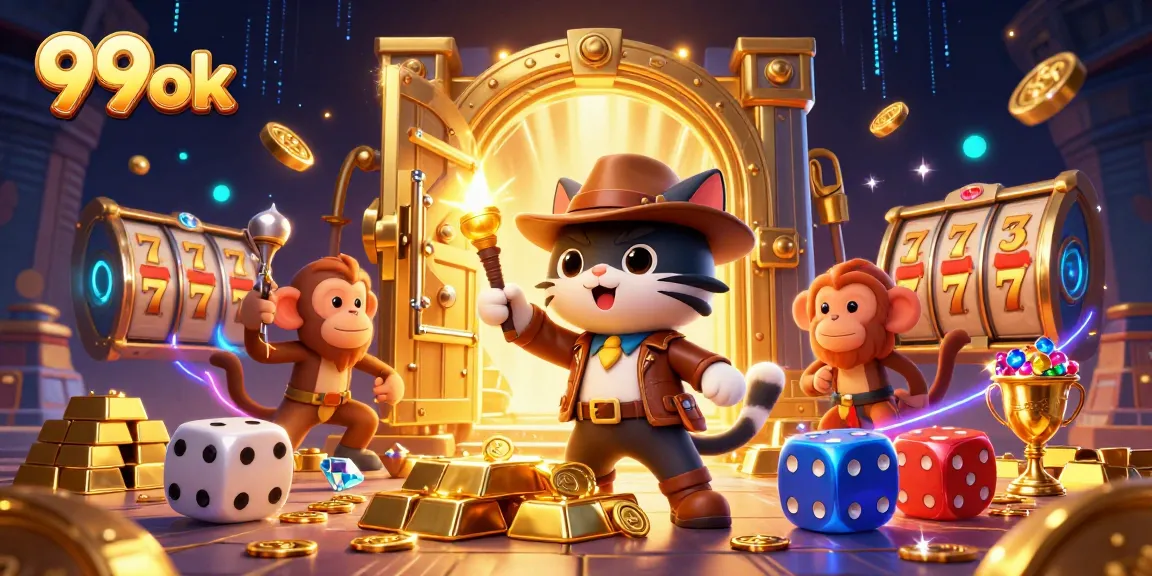 Engage in thrilling gameplay at 99ok, where a cat explorer uncovers casino treasures with vibrant elements.