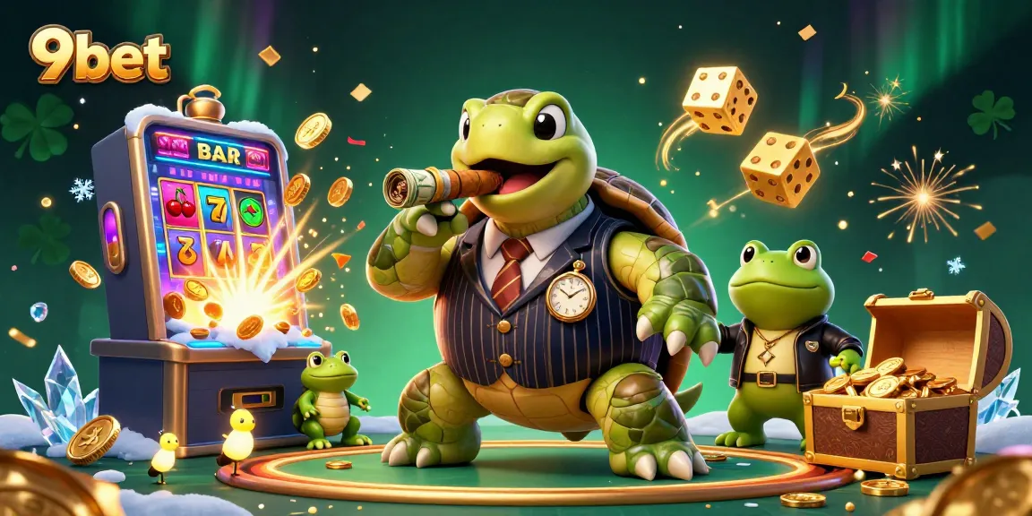 Experience thrilling wins with 9bet's dynamic cartoon casino scene featuring slots and vibrant characters.