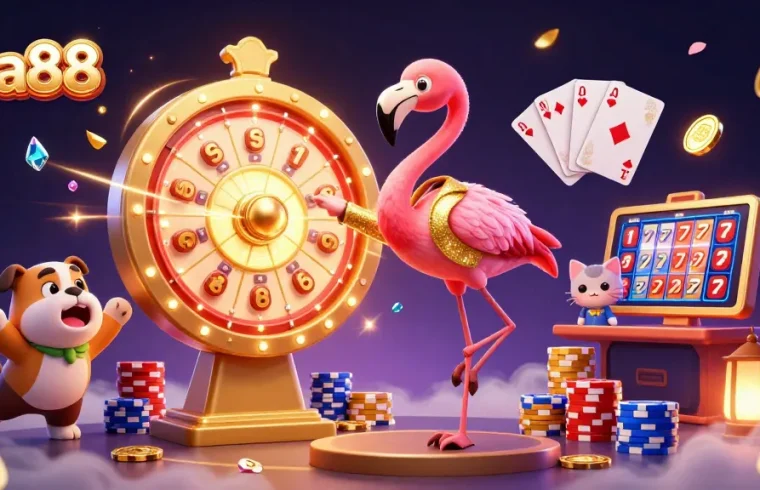 Bra88 players spin a giant golden prize wheel with excitement, amidst vibrant casino elements and sparkling features.