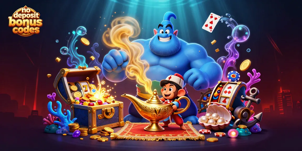 No deposit bonus codes illustrated by a genie and poker chips in a dynamic casino scene.
