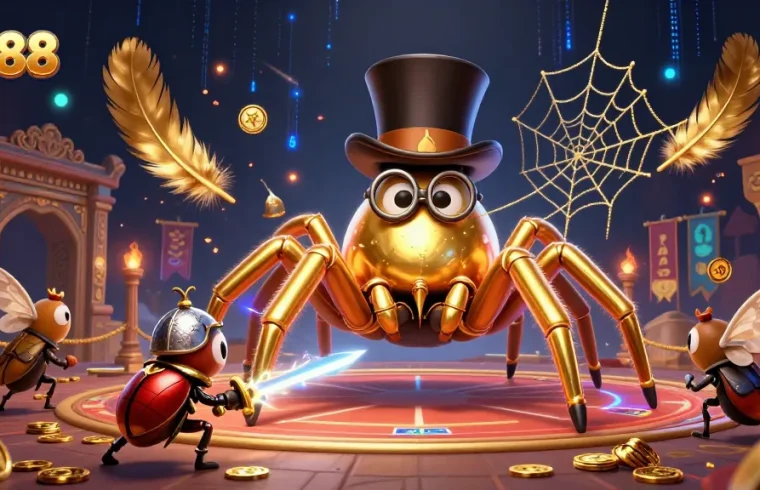 Exciting action at QS88 casino with a golden tarantula weaving a web amid dynamic gambling elements.