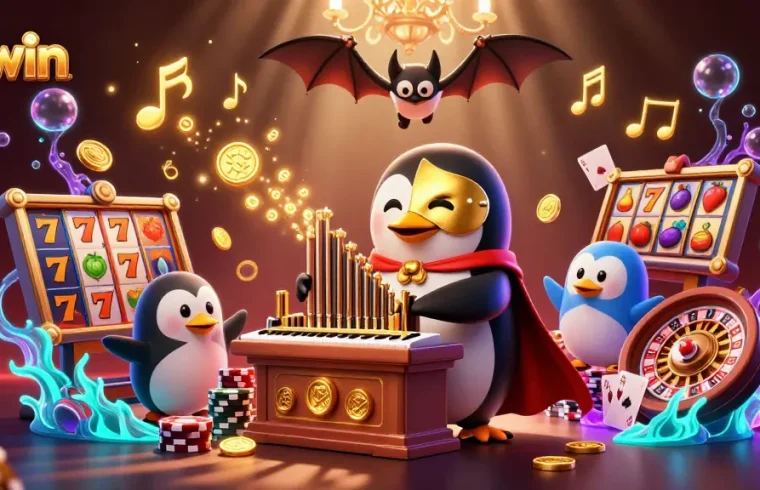 kuwin brings excitement with a 3D penguin playing an organ that shoots coins in a vibrant casino scene