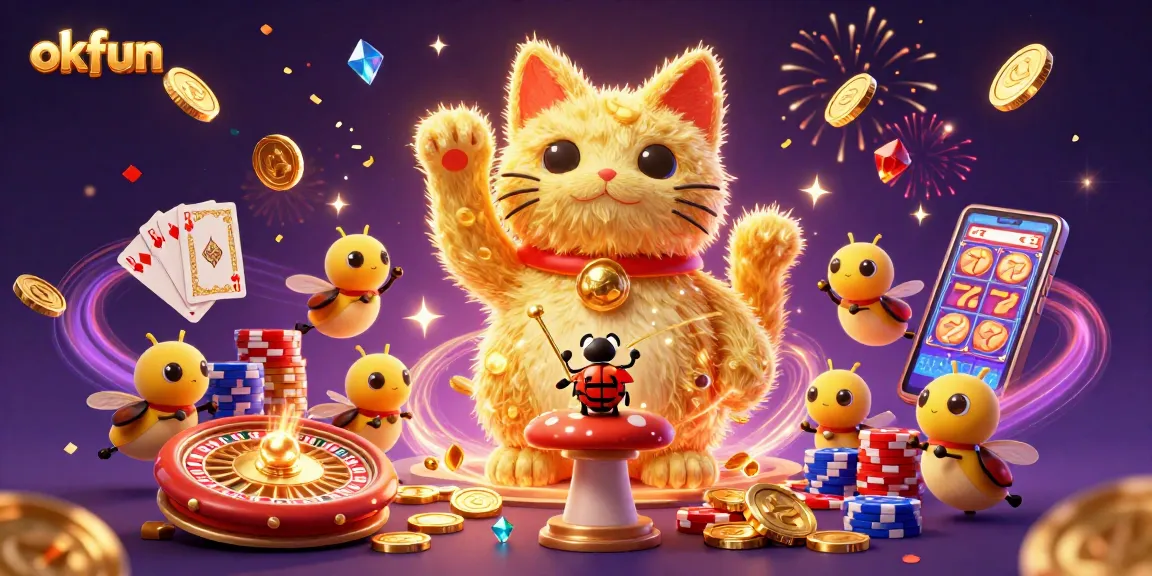 Engage in exhilarating gaming experiences with okfun featuring a colorful lucky cat and vibrant casino elements.