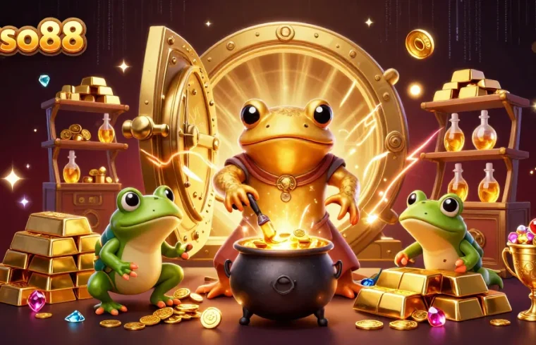 Experience the magic of betso88 with a golden alchemist scene filled with treasures and vibrant casino elements