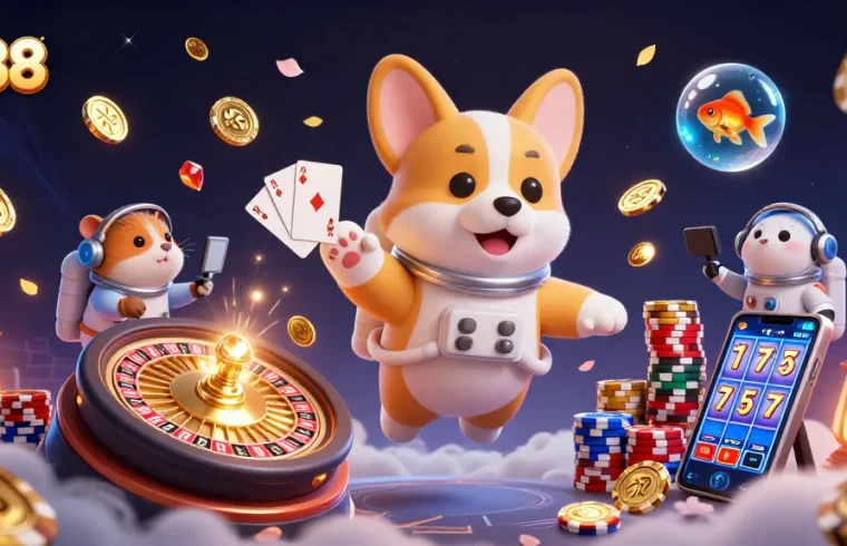 A 3D illustration of an astronaut corgi in a space casino for lx88, surrounded by floating poker chips and golden coins.