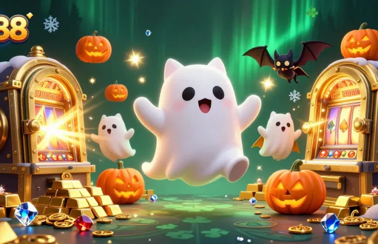 Experience thrilling wins at ea88 with a friendly ghost cat and a vampire bat in a lively casino scene.
