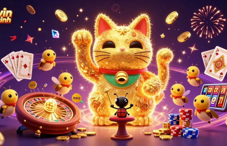 Experience excitement with sunwin trang chính featuring a whimsical display of a lucky cat and casino symbols.