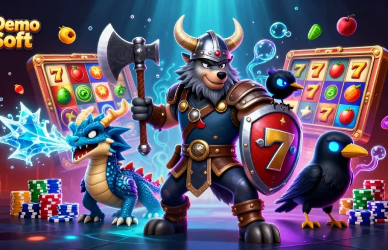 Spin the Slot Demo Pg Soft reels with Vikings and dragons in vibrant casino scene.
