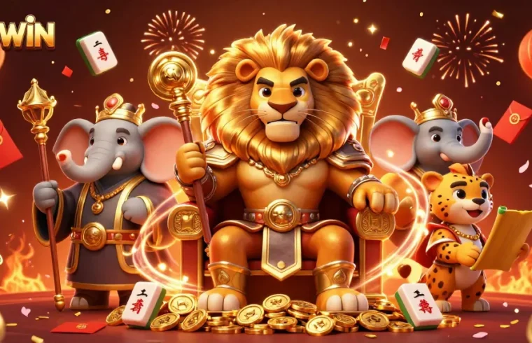 Engage with the exciting world of 789WIN, featuring a lion king amidst stunning casino elements and vibrant celebrations.