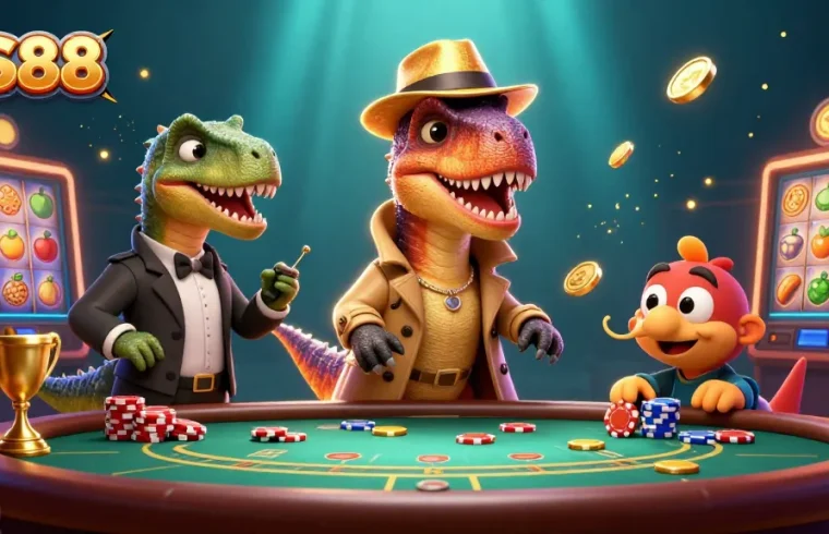 QS88 features a clever velociraptor card counter at a blackjack table with intriguing elements surrounding him.